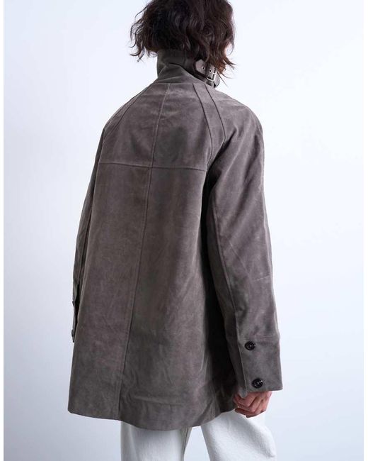 TOPSHOP Gray Faux-suede Short Car Coat With Neck Tab