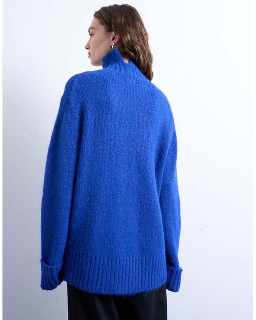 TOPSHOP Blue Oversized High Neck Longline Knit Sweater With Neck Detail