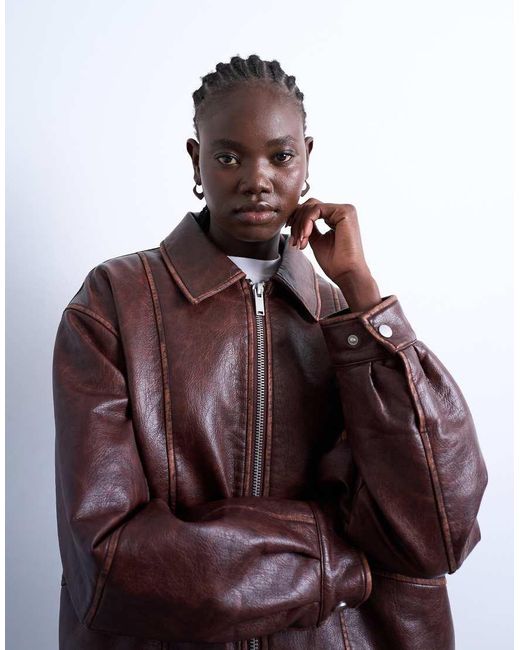 TOPSHOP Brown Super Oversized Faux Leather Contrast Heavy Wash Bomber Jacket