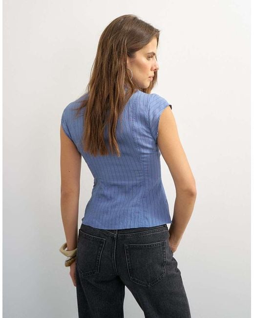 TOPSHOP Blue High Neck Zip Detail Top