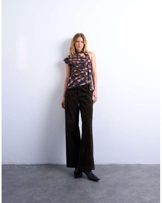 TOPSHOP Brown Ruched Check Print Scarf Detail Asymmetric Hem Top