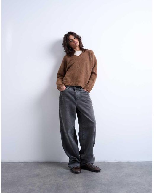 TOPSHOP Blue Knitted Wool-blend Fluffy V-neck Jumper