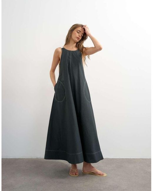 TOPSHOP Black Open Back Buckle Strap Midaxi Sundress With Contrast Topstitching
