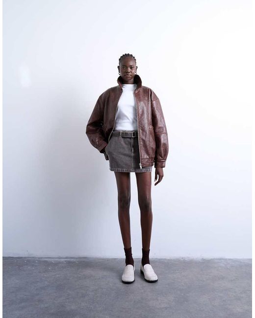 TOPSHOP Brown Super Oversized Faux Leather Contrast Heavy Wash Bomber Jacket