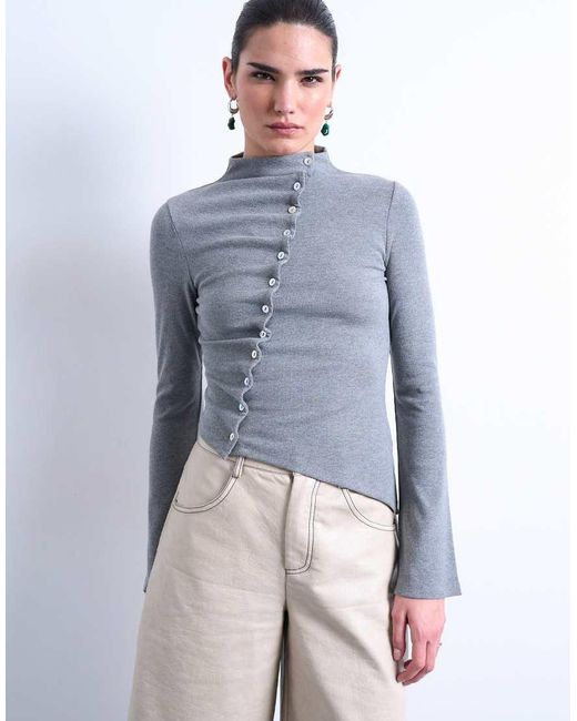 TOPSHOP Blue High Neck Ruffle Button Long Sleeve Top