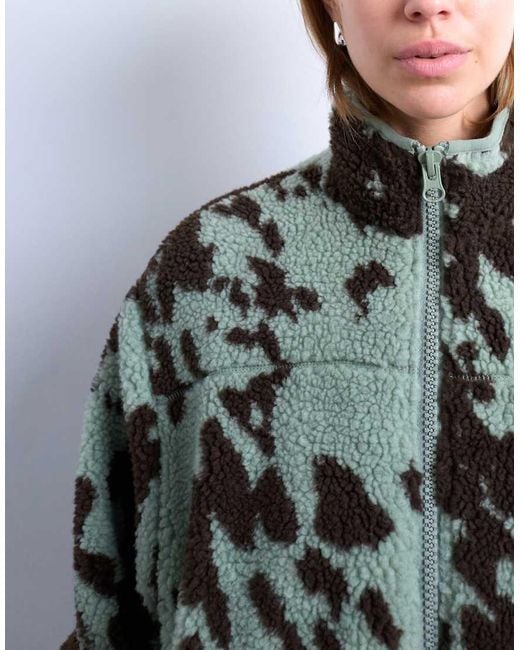 TOPSHOP Black Brown And Teal Cow Print Borg Fleece Jacket With Contrast Teal Binding