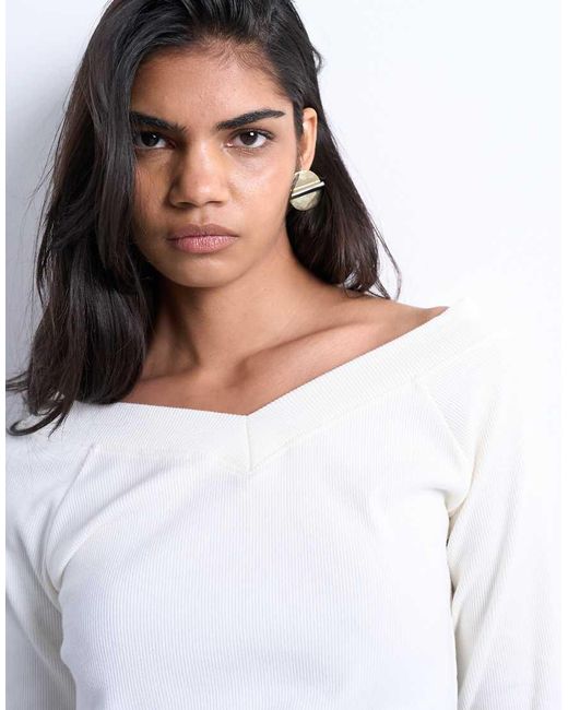 TOPSHOP White Rib Raglan V-neck Long Sleeve Top