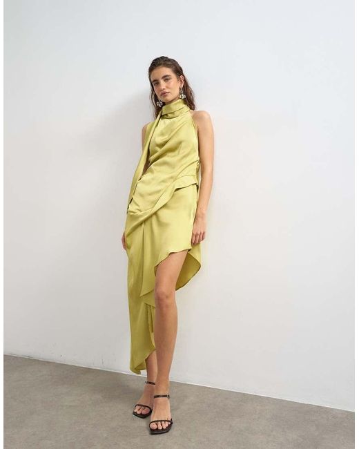 TOPSHOP Yellow Premium Satin Halter Asymmetric Mini Dress With Scarf Detail