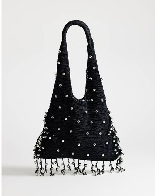 TOPSHOP Black Molly Medium Woven Beaded Bag