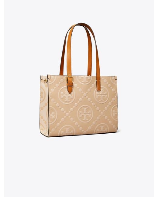 Tory Burch Natural Small T Monogram Contrast Embossed Tote