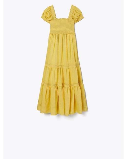 Tory Burch Yellow Smocked Silk And Viscose Dress