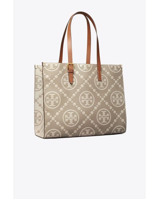 Tory Burch T Monogram Contrast Embossed Tote in Natural | Lyst