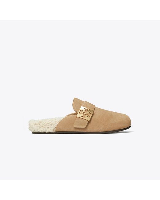 Tory Burch Natural Suede Faux Shearling-Lined Mules