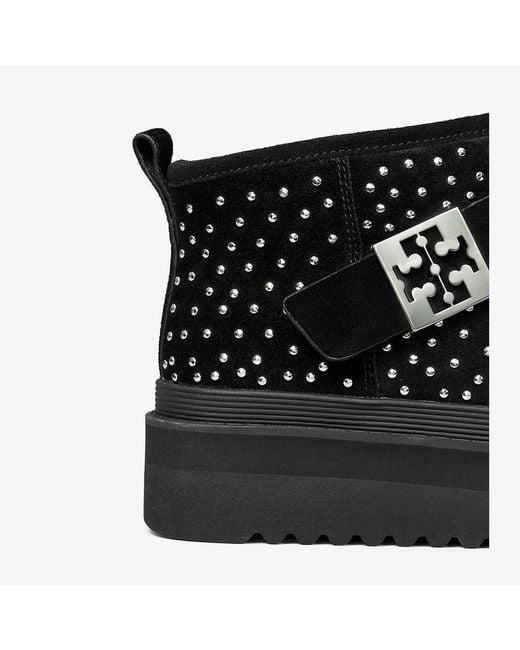 Tory Burch Black Studded Suede Shearling-Lined Platform Boots