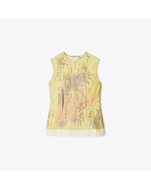 Tory Burch Yellow Printed Organza Shell Top