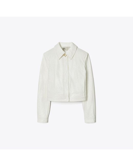 Tory Burch White Faux Crinkle Leather Jacket