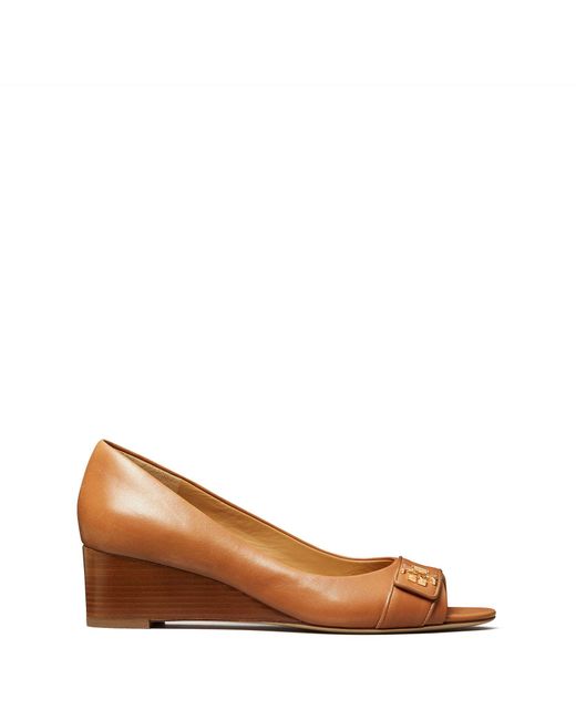 Tory Burch Brown Kira Open-toe Leather Wedge Pumps