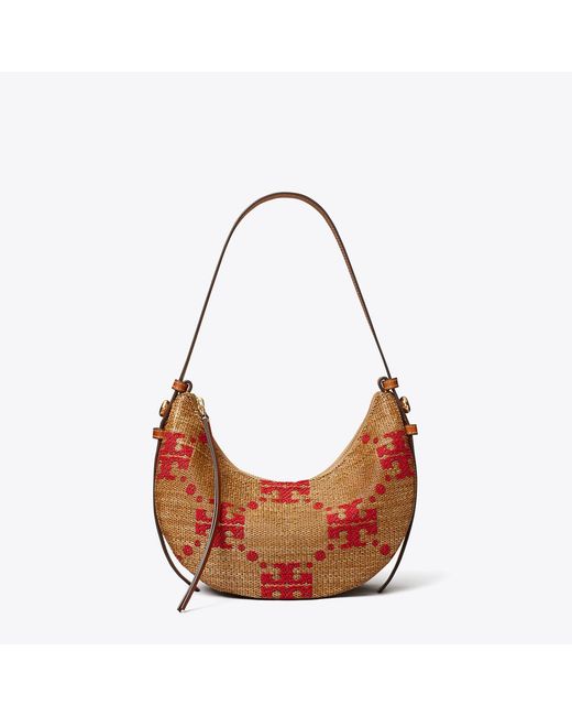 Tory Burch Natural T Monogram Romy Woven Half Moon Bag, One Size