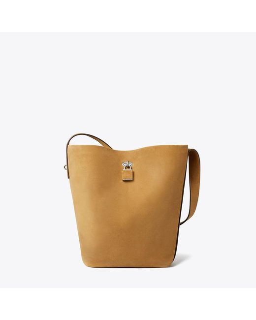 Tory Burch Brown Lock Slim Suede Bucket Bag, One Size