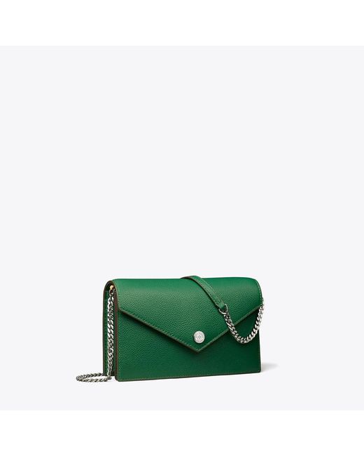 Tory Burch Green Pebble Envelope Chain Wallet, One Size