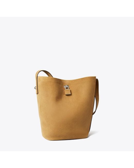 Tory Burch Brown Lock Slim Suede Bucket Bag, One Size