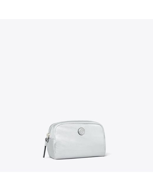 Tory Burch White Virginia Metallic Curved Cosmetic Case