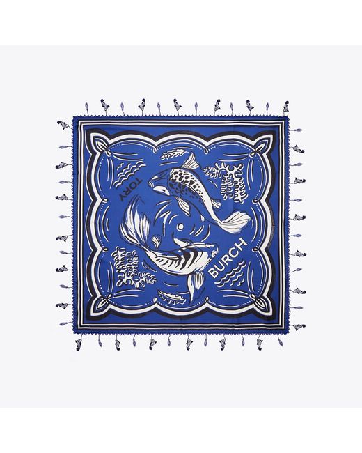 Tory Burch Blue Fish Silk Square Scarf