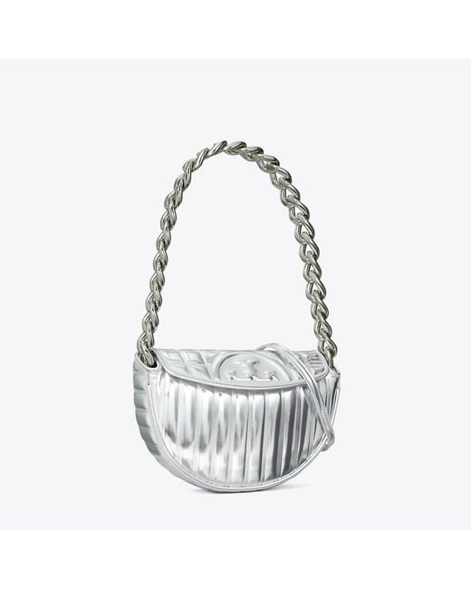 Tory Burch Mini Fleming Metallic Quilt Crescent Bag