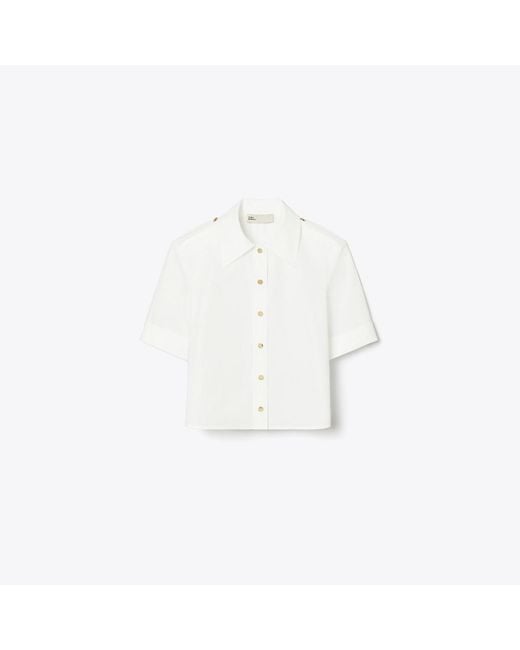 Tory Burch White Cotton Stretch Poplin Metal-Button Shirt