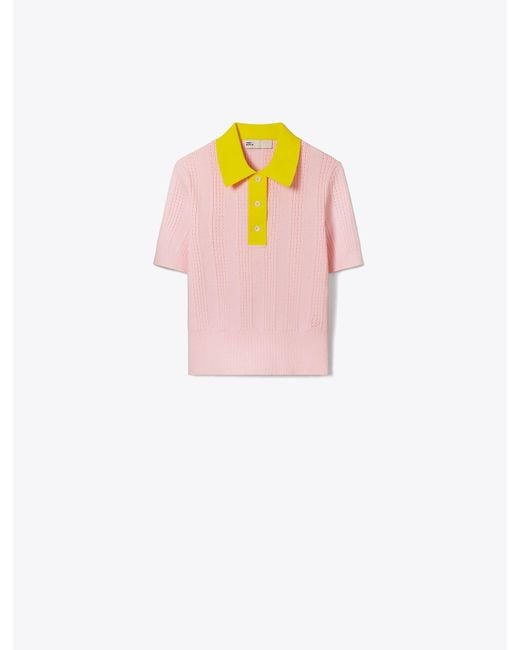 Tory Burch Pink Cotton Pointelle Polo Sweater