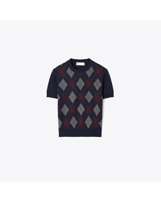 Tory Burch Blue Merino Wool Argyle Sweater