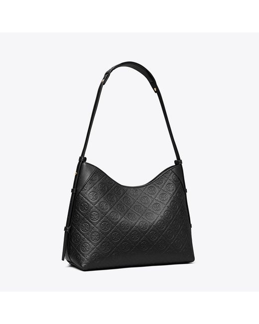 Tory Burch Black T Monogram Pebbled Messenger Bag, One Size