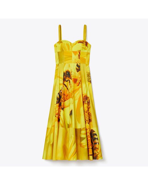 Tory Burch Yellow Printed Stretch-Cotton Poplin Midi Dress