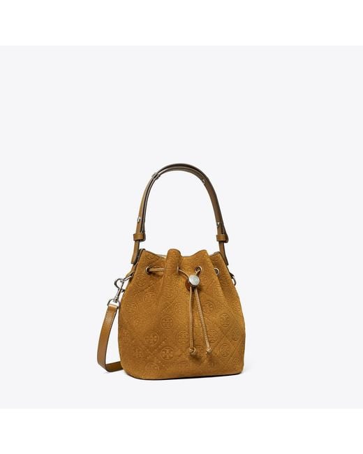 Tory Burch Brown T Monogram Suede Bucket Bag