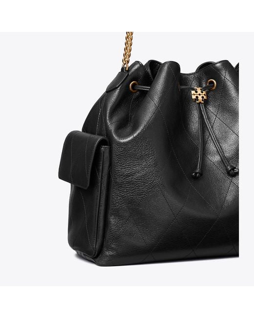 Tory Burch Black Large Charlie Quilted Drawstring Shoulder Bag, One Size