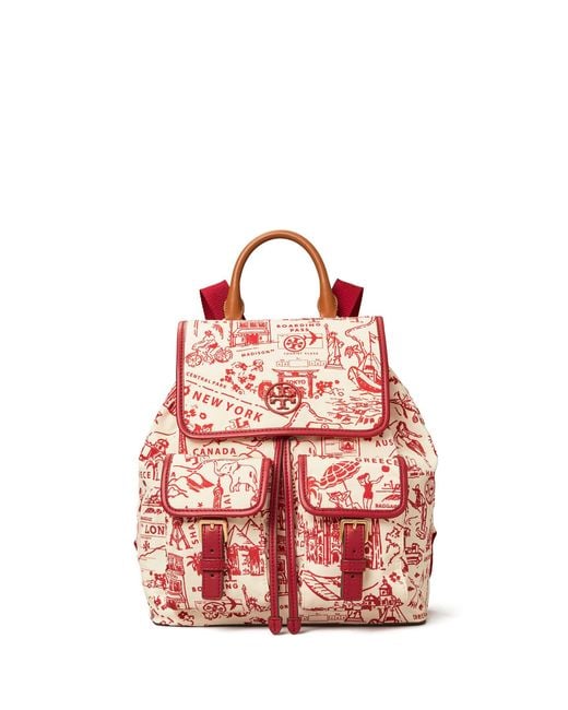 Tory Burch Red Perry Nylon Printed Flap Backpack