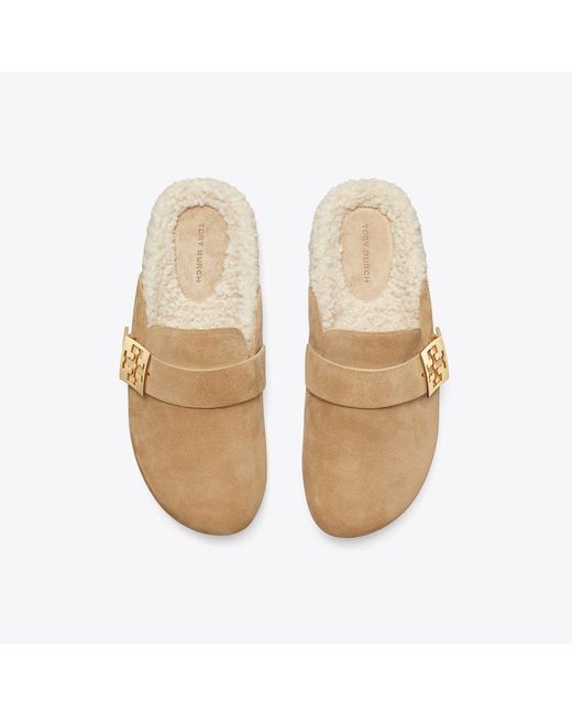 Tory Burch Natural Suede Faux Shearling-Lined Mules