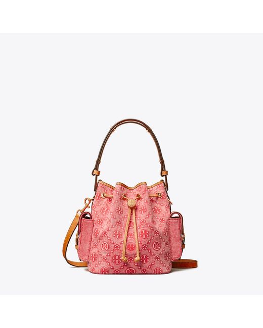 Tory Burch Red T Monogram Denim Bucket Bag