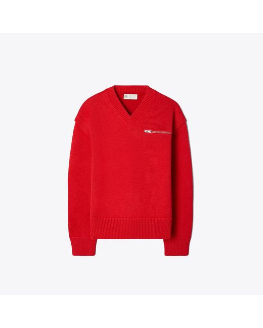 Tory Burch Red Wool V-Neck Sweater