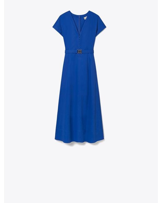 Tory Burch Blue Waisted V-neck Poplin Dress