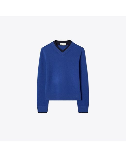 Tory Burch Blue Wool Double Collar V-Neck Sweater