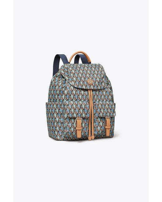 Tory Burch Blue Printed Nylon Flap Backpack
