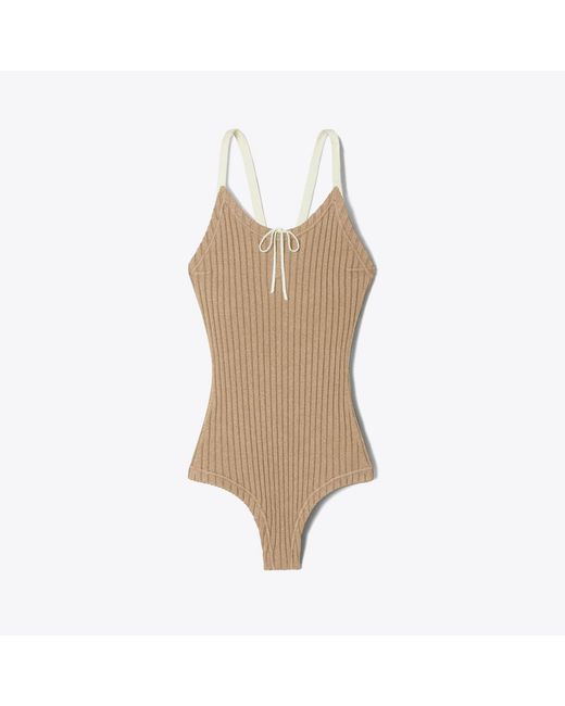 Tory Burch Natural Colorblock Ribbed Bodysuit