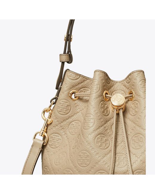 Tory Burch Natural T Monogram Pebbled Bucket Bag, One Size