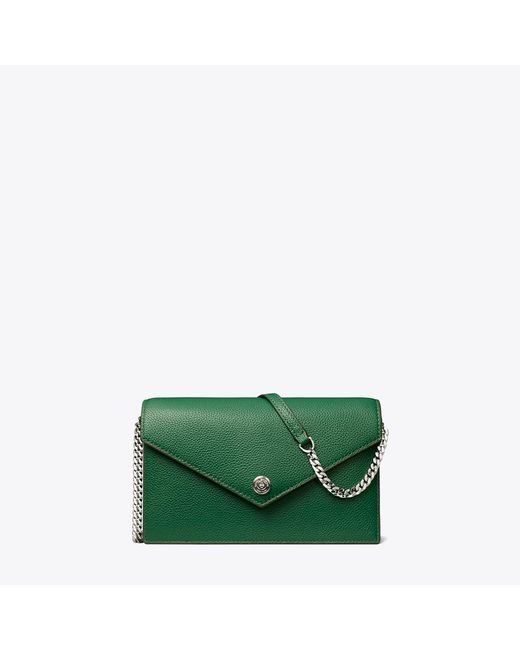 Tory Burch Green Pebble Envelope Chain Wallet, One Size
