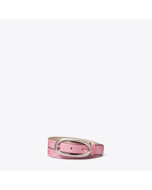Tory Burch Pink Pierced Embossed Croc Large Buckle Belt