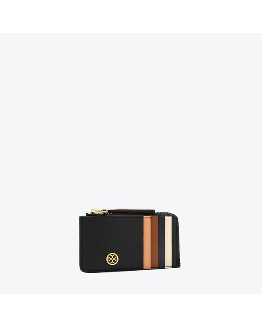 Tory Burch Black Robinson Pebbled Top-Zip Card Case, One Size