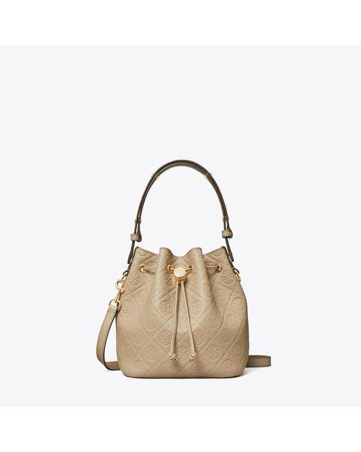 Tory Burch Natural T Monogram Pebbled Bucket Bag, One Size