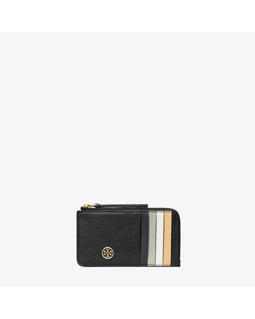 Tory Burch Black Robinson Pebbled Top-Zip Card Case
