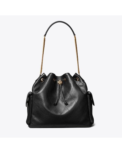 Tory Burch Black Large Charlie Quilted Drawstring Shoulder Bag, One Size